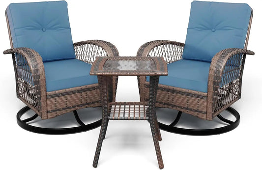 Swivel Rocker Patio Chairs Set of 2 with Side Table, 3 Pieces Patio Wicker Glider Chairs with Thickened Cushions, Outdoor Wicker