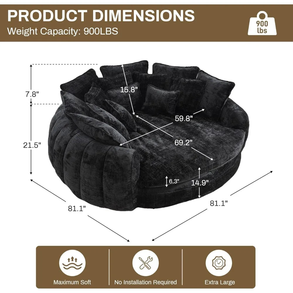 Oversized Round Chaise Lounge, Plush Lazy Bean Bag Sofa with 14 Pillows, Comfortable Chenille Upholstered Barrel Sleeper Bed