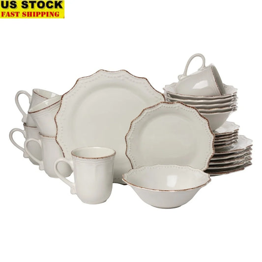 24 Piece Stoneware Dinnerware Set Microwave Safe Vintage Ceramic Beaded Edge Scalloped Rim Elegant Dining Tableware