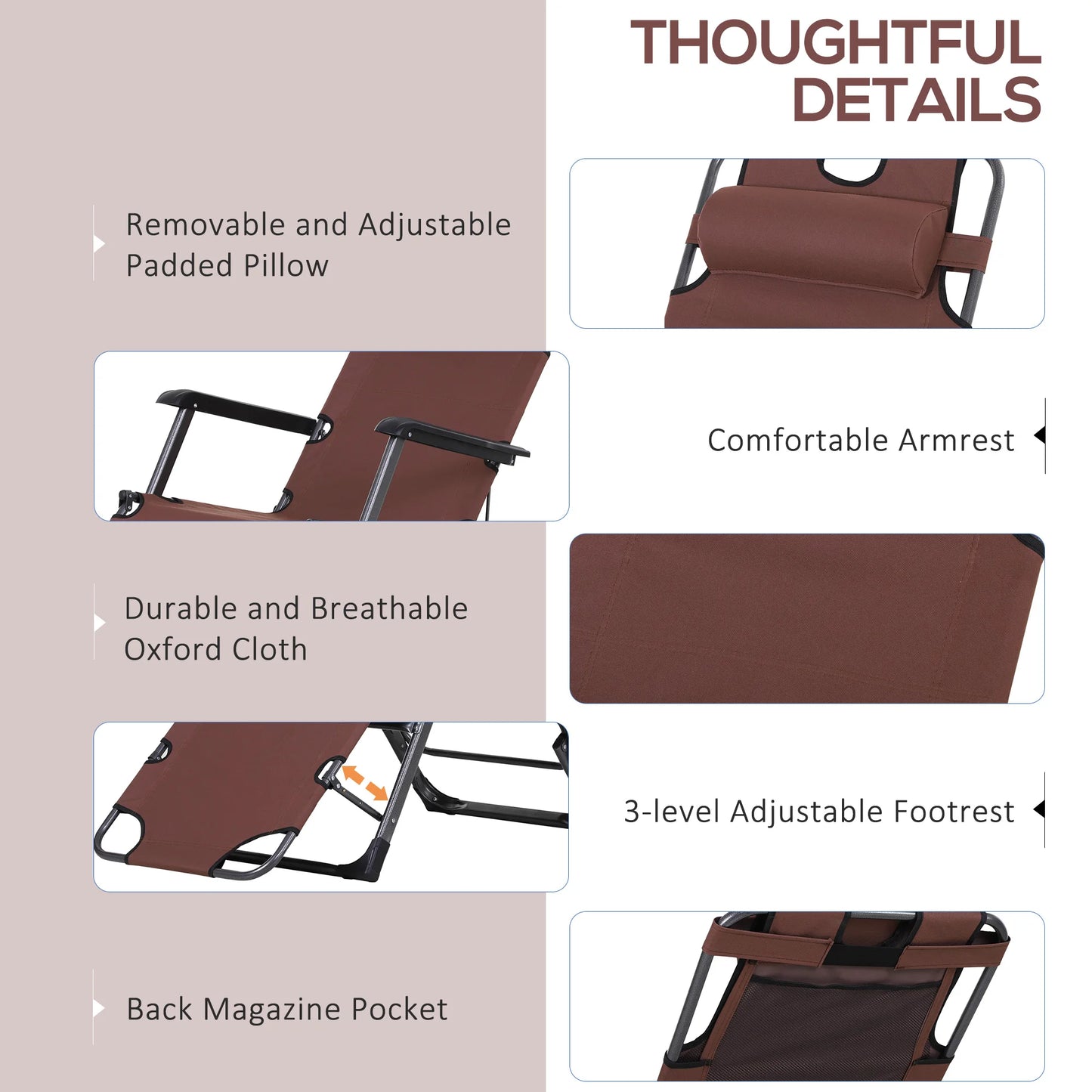 Outdoor Folding Patio Chaise Lounger Armchair Recliner W/ Padded Headrest, Brown