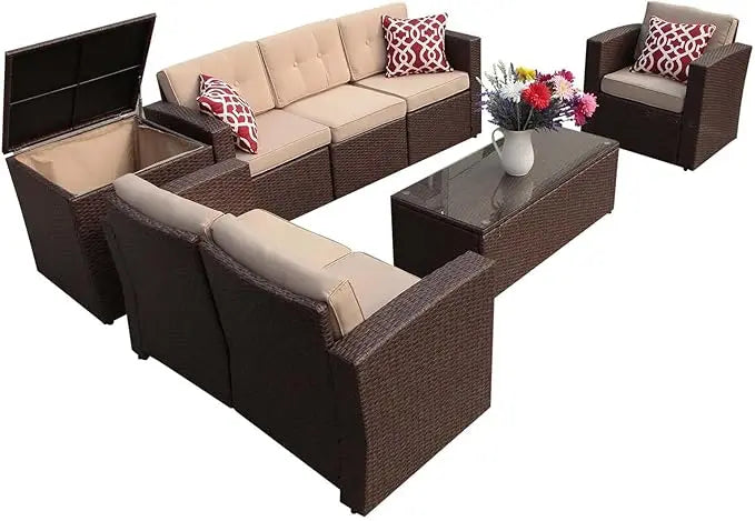Super Patio 8 Pieces Outdoor Patio Furniture Set, Wicker Patio Conversation Sets with Storage Box, Rattan Outdoor Sectional Sofa