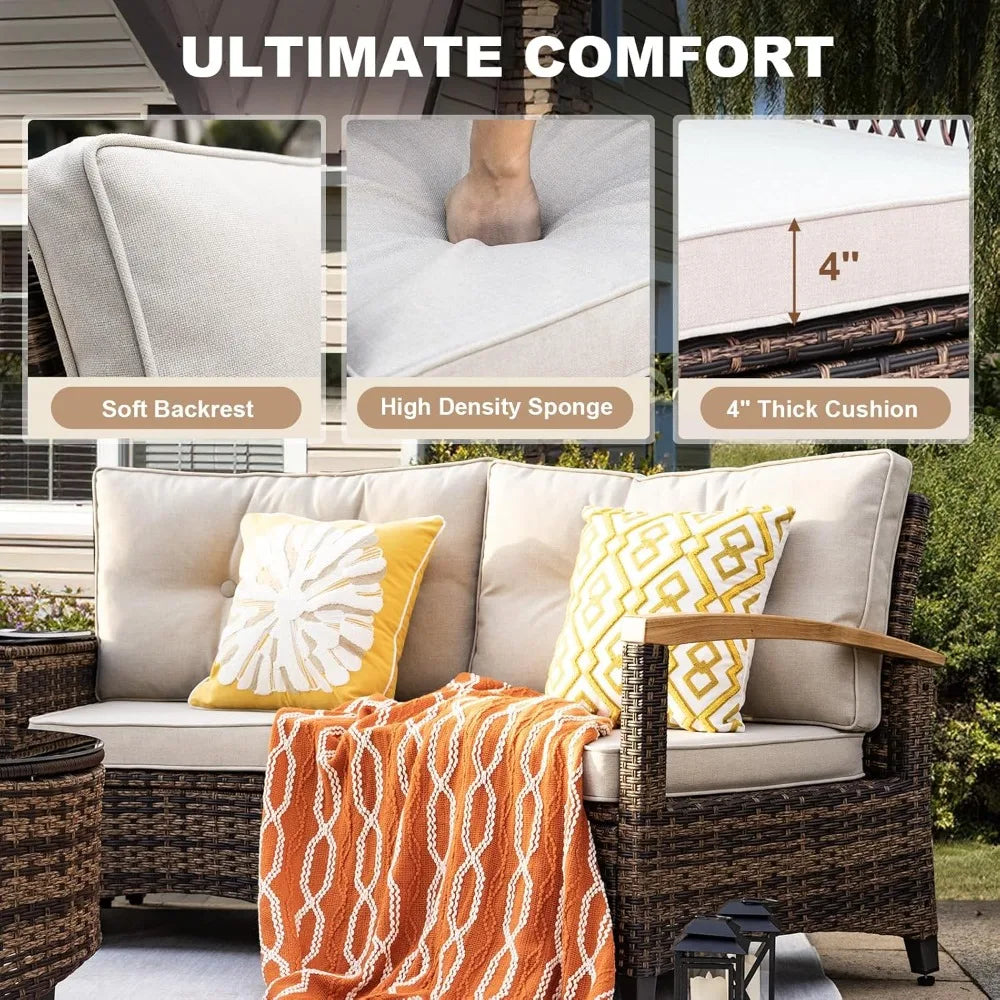 9 Piece Outdoor Patio Furniture Set, Half-Moon Curved Sectional Sofa Rattan Conversation Set with Wood Armrests, Coffee Table