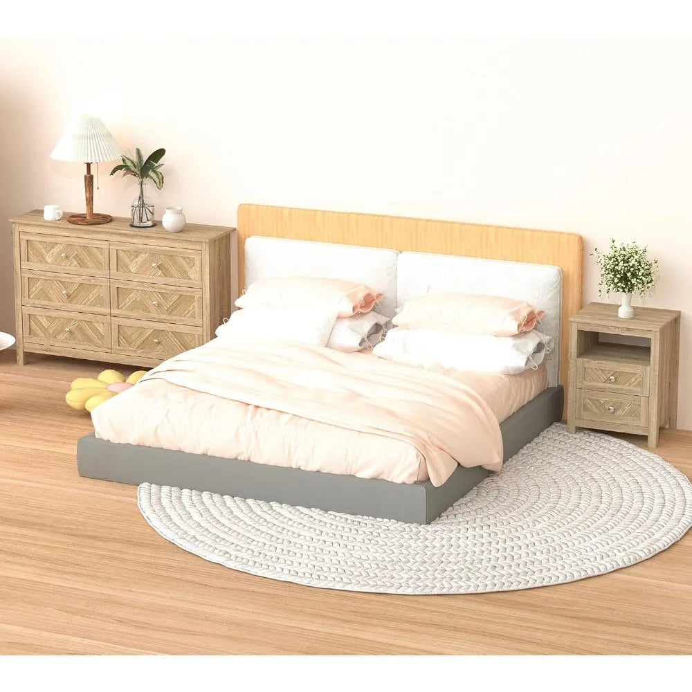 3 Pieces Bedroom Set with 6 Drawer Dresser and 2 Drawer Nightstands, Wooden Dresser and Nightstands for Living Room, Bedroom, Na