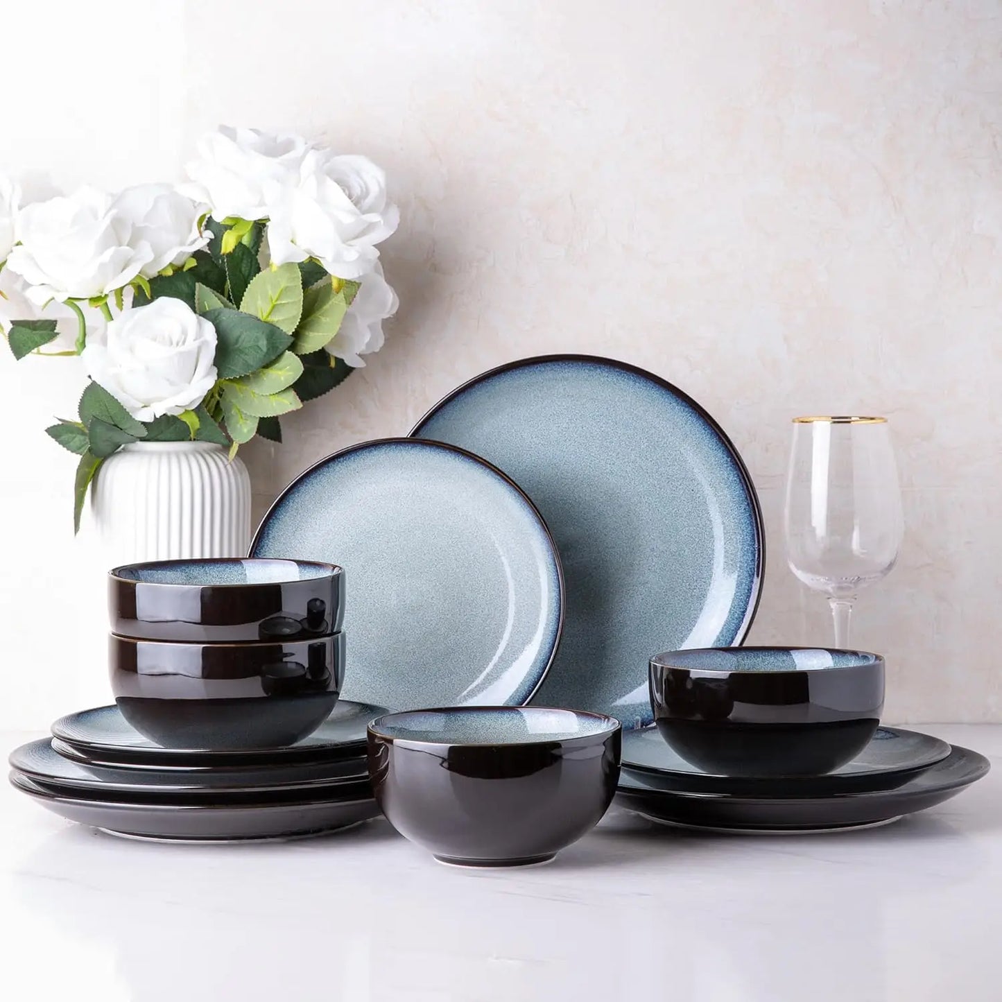 Ceramic Dinnerware Sets for 4,Stoneware Coupe Plates and Bowls Sets,Highly Chip and Crack Resistant | Dishwasher & Microwave & O