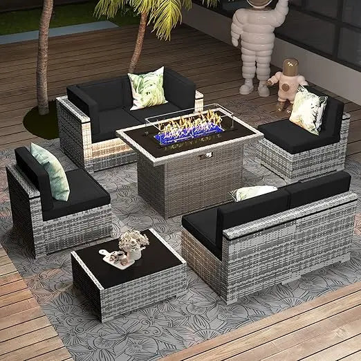 8 Pieces Patio Furniture Set with 44" Propane Gas Fire Pit Table, Outdoor Sectional Wicker Conversation Sofa Sets with Coffee Ta