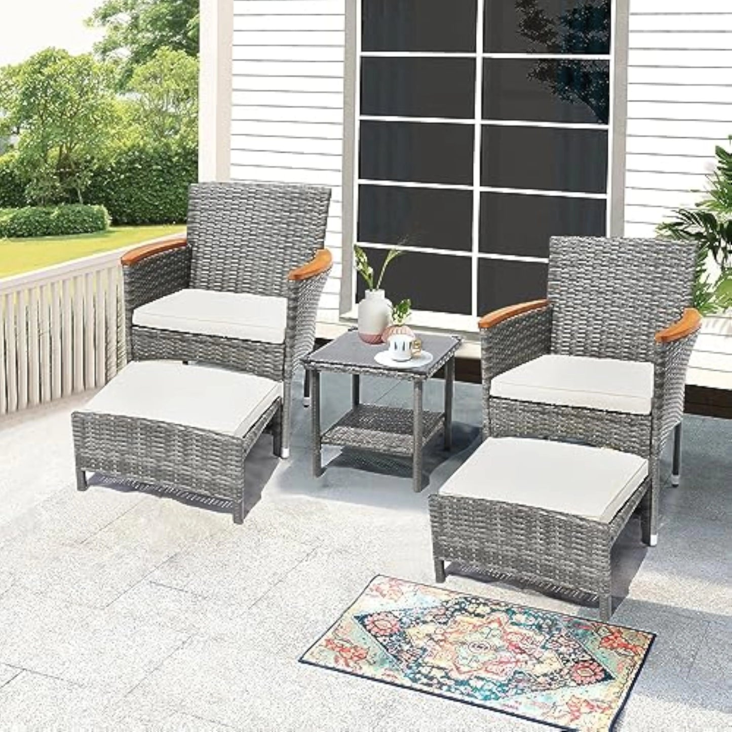 Outdoor Patio Furniture Set with Table & ottoman, 5 Piece Wicker Patio Sets with cushion, Outdoor Furniture Patio Set