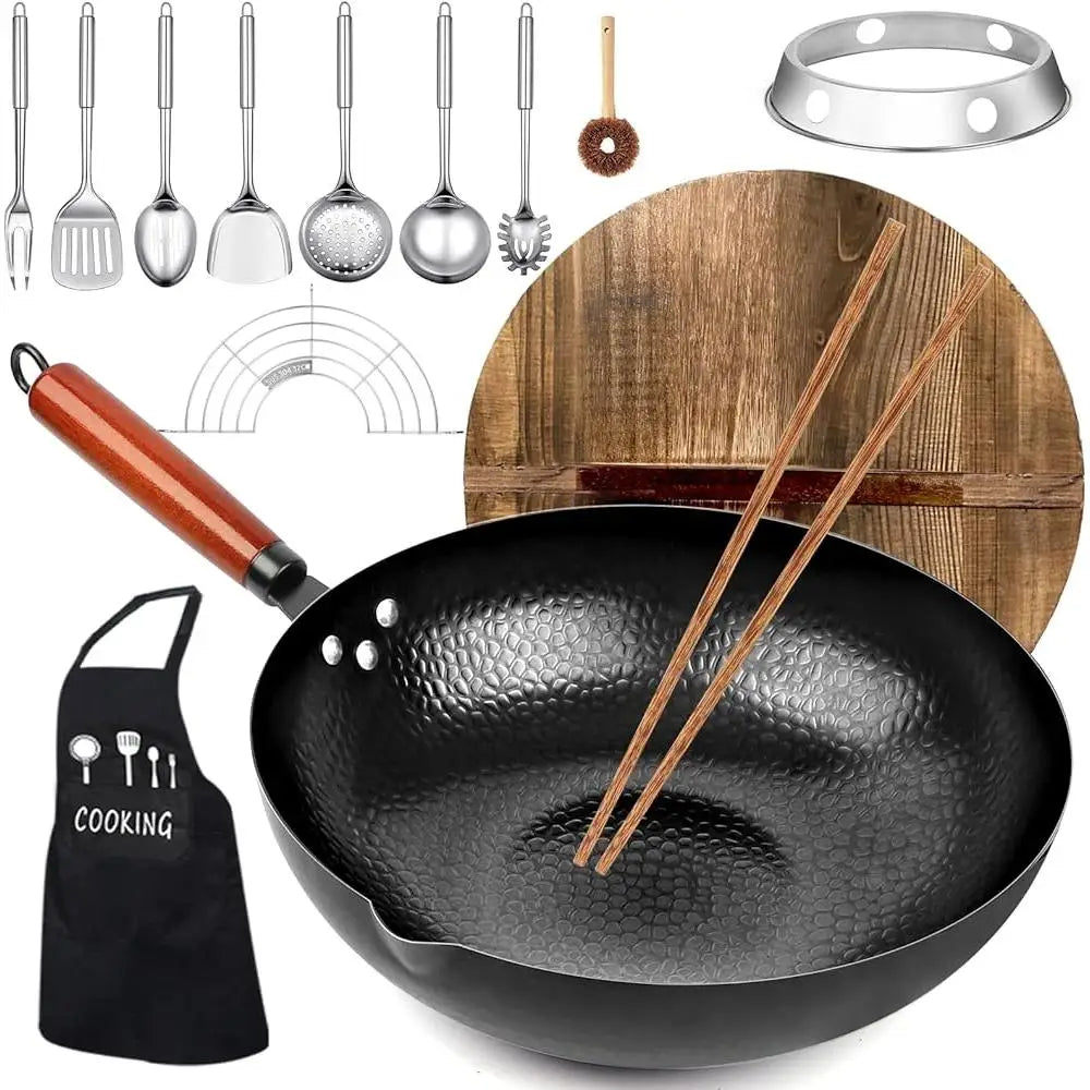14 Piece Wok Pan Set with Wooden Lid Spatula Brush Kitchen Cookware Stir Fry Utensils Chinese Cooking Essentials