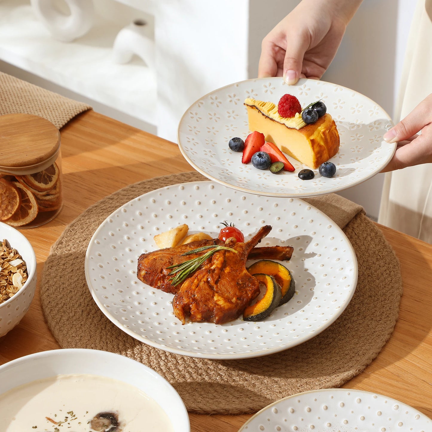 MALACASA LYDIA 12/16 Piece Ceramic Dinnerware Set Modern Relief Design with 4/8 pcs Dinner Plate/Dessert/Soup/Cereal Bowl