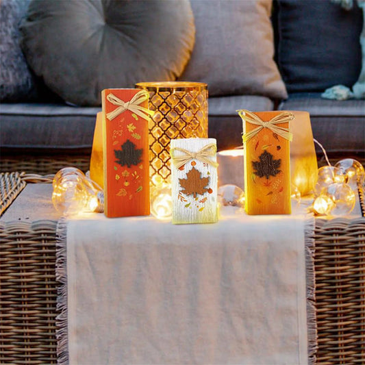 Rustic Autumn Tabletop Decor Set with Wooden Standing Blocks and Letter Print Signs for Tiered Trays 3 Pieces