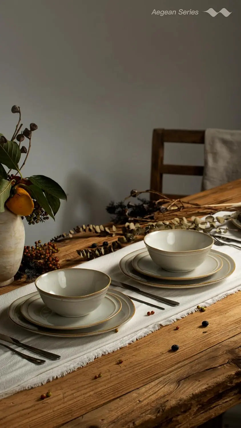 Aegean Stoneware Dinnerware Set for 8, Plates and Bowls Sets, 24 Pieces Scratch Resistant Dinner Set, Handmade Irregular Round D