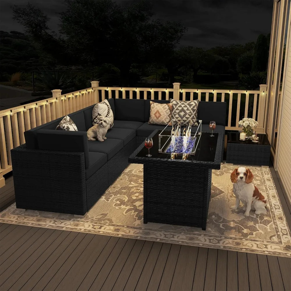 8 Pieces Patio Furniture Set with 44" Propane Gas Fire Pit Table, Outdoor Sectional Wicker Conversation Sofa Sets with Coffee Ta