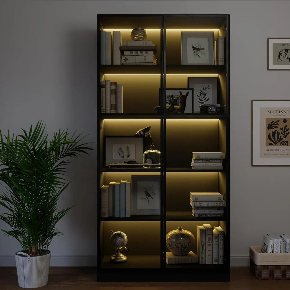 Display Cabinet with 4 Glass Doors, 5 -Tier Storage Cabinet with LED Lights, 78.7" Tall Black Bookcase with Storage, Wooden Disp