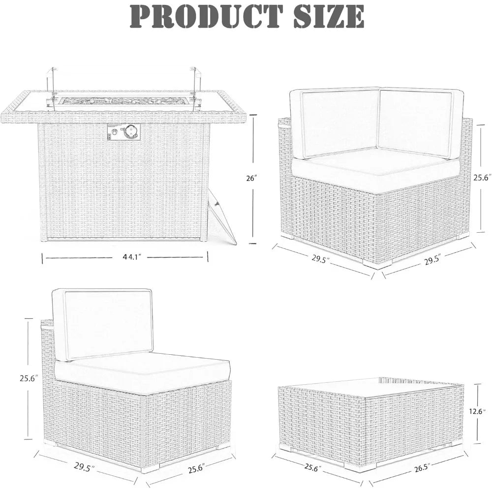 8 Pieces Patio Furniture Set with 44" Propane Gas Fire Pit Table, Outdoor Sectional Wicker Conversation Sofa Sets with Coffee Ta