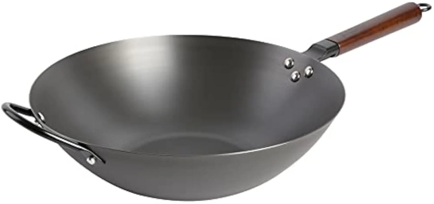 14-Inch Carbon Steel Flat Bottom Wok Pan for Stir Frying, Even Heat Distribution & Nonstick