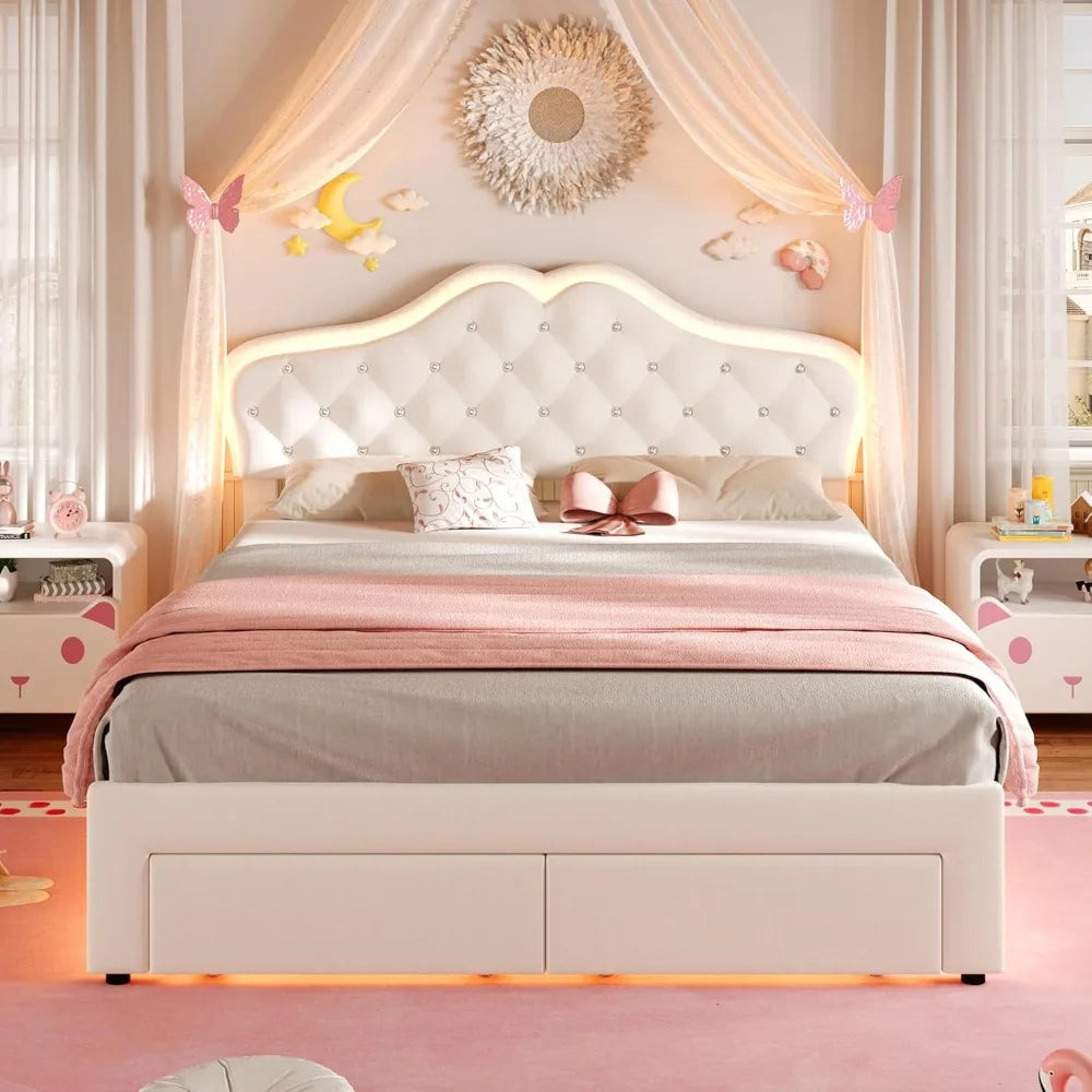 Full Size Girl Bed with 2 Storage Drawers & LED Lights, Upholstered Platform Bed, Adjustable Headboard with Velvet Crystal Butto