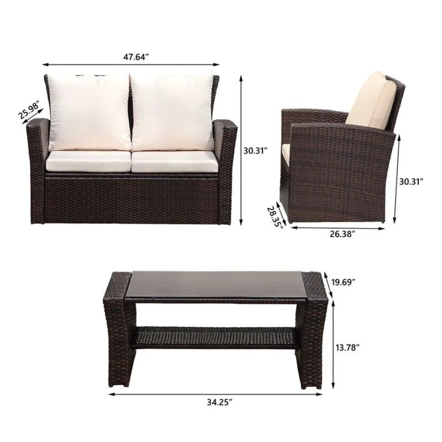 4Pieces Outdoor Patio Furniture Set PE Rattan Wicker with Brown