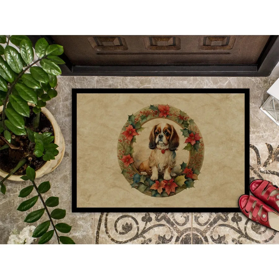 English Toy Spaniel Christmas Flowers Doormat Front Door Mat Indoor Outdoor Rugs for Entryway Non Slip Washable Low Pile 24H X