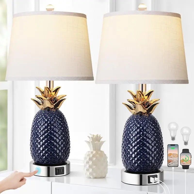 22" Pineapple Table Lamps Set of 2, 3-Way Dimmable Ceramic Lamps for Living Room, Navy Blue Modern Design with USB Port, Tall