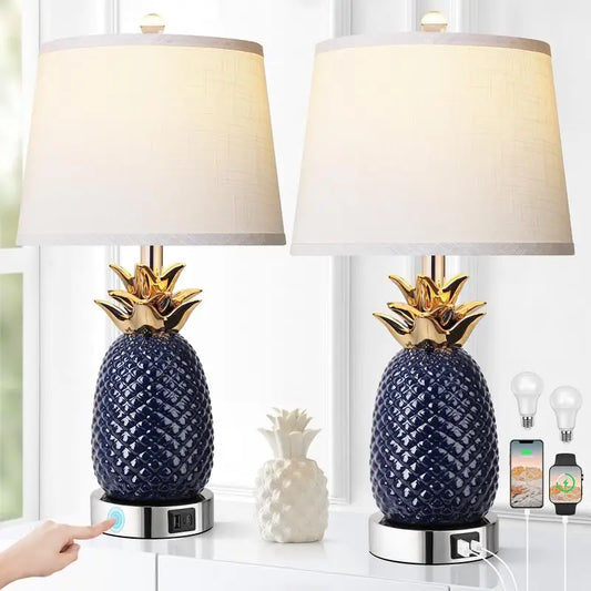 22" Pineapple Table Lamps Set of 2, 3-Way Dimmable Ceramic Lamps for Living Room, Navy Blue Modern Design with USB Port, Tall