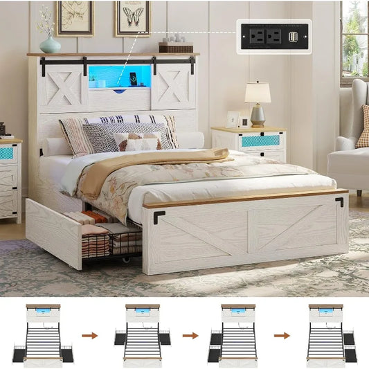 Hasuit Farmhouse Bed Frame Twin Size 2 Storage Drawers, Wooden Platform Twin Bed LED Lights Charging Station, Rustic Accent