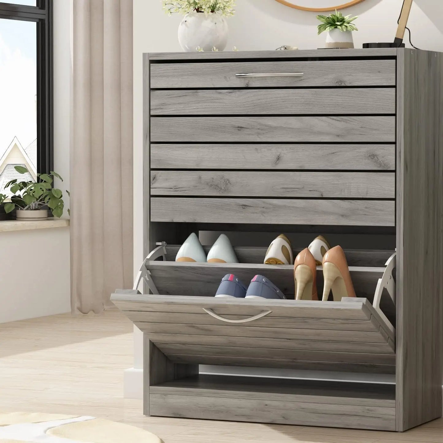 Shoe Storage Cabinet with 2 Flip Drawers for Entryway, Modern, Freestanding Rack Organizer (22.4”W x 9.4”D x 29.5”H)