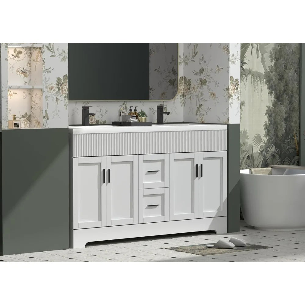 60" Bathroom Vanities Sink Combo with Painted Surface, Modern Drawered Cabinet W/Decorative Wave Lines, Undermount Double Sink