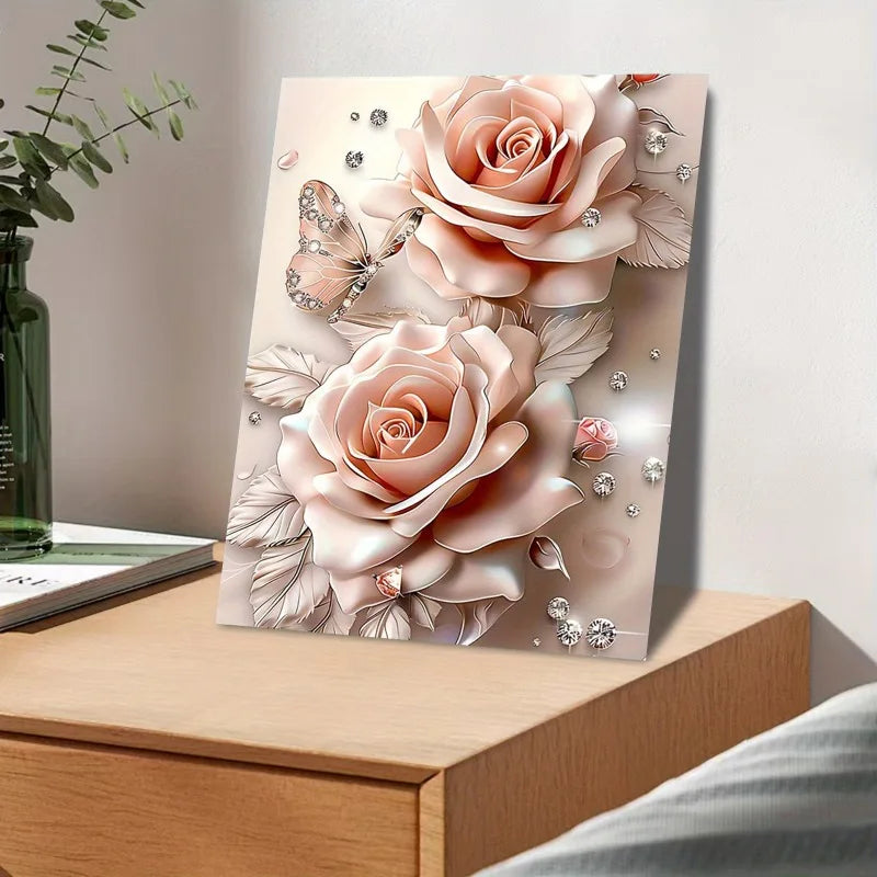 Dream Pink Rose Butterfly Diamond Canvas Wall Art Framed