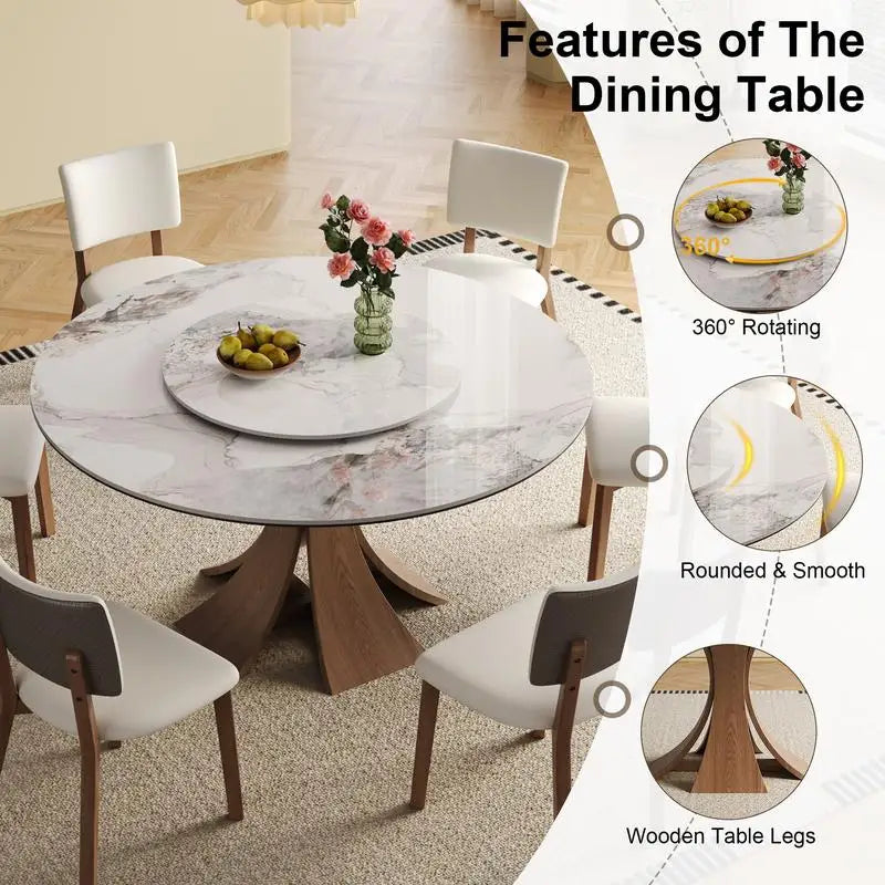 59" Modern Sintered Stone Dining Table Set with 35" Round Turntable, Seats 6-8, Unique Walnut Base, Includes 6 Stylish Chairs