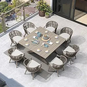 9 Pieces Outdoor Dining Set All Weather Wicker Patio Dining Set with Square Aluminum Table and Modern Armrest Dining Chairs for