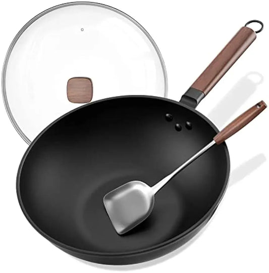 13-Inch Carbon Steel Wok with Glass Lid and Spatula for Induction, Electric, Gas Stoves