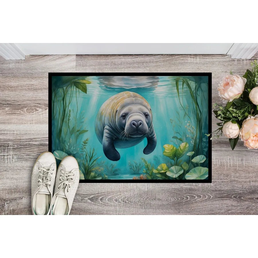 Manatee in a CrystalClear Spring Doormat Front Door Mat Indoor Outdoor Rugs for Entryway Non Slip Washable Low Pile 24H X 36W
