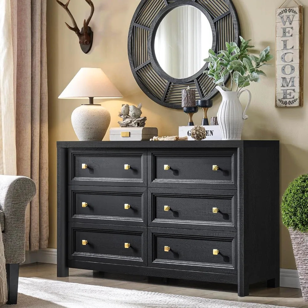 Black Dresser, Farmhouse 6 Drawer Dresser for Bedroom, 52 inch Wide Dressers with Deep Drawers, Vintage Dressers, Solid Wood