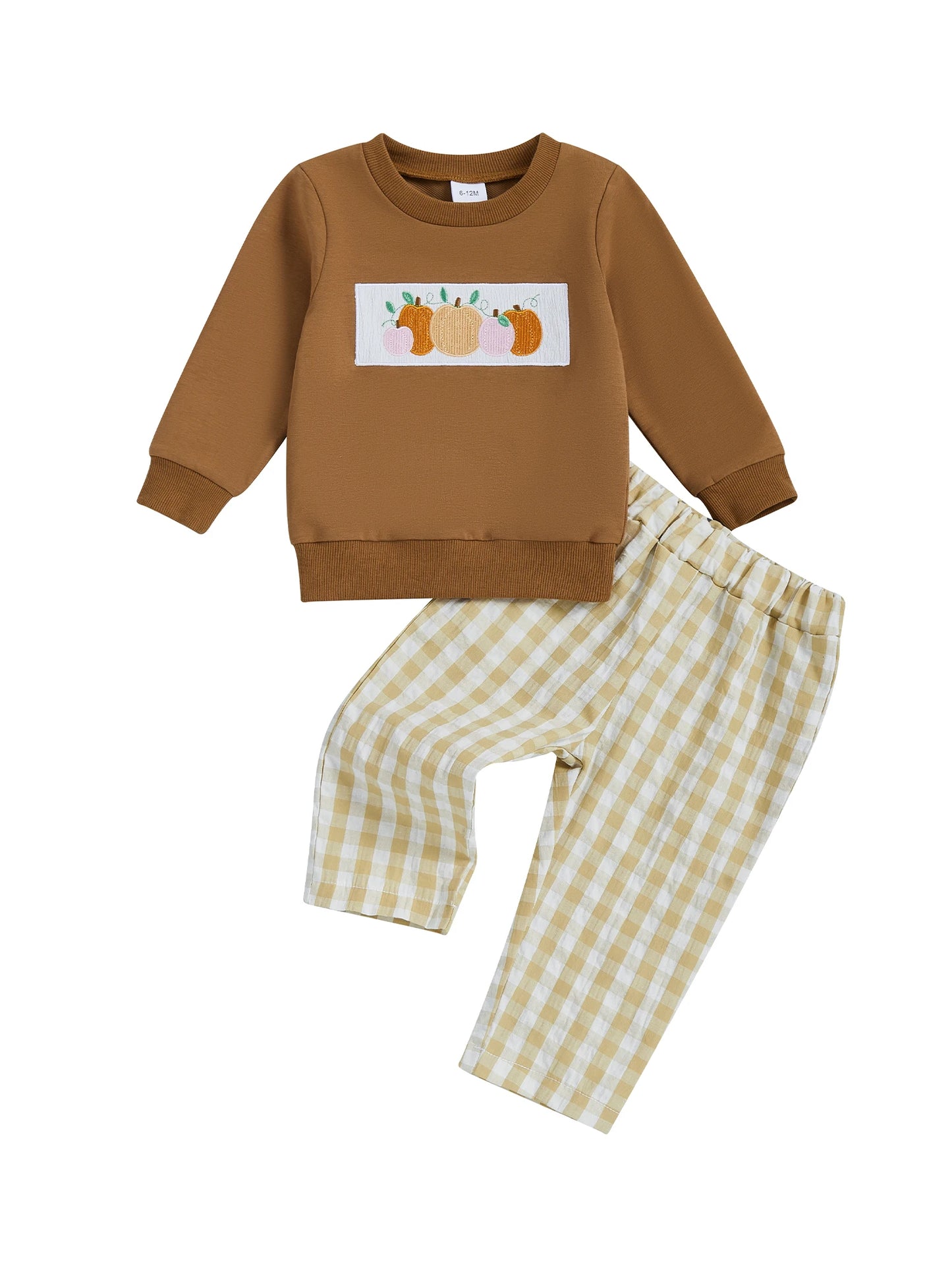 Adorable Baby Halloween Costume Set with Pumpkin Embroidery Long Sleeve Top and Plaid Pants for Toddler Boy or Girl 2-Piece