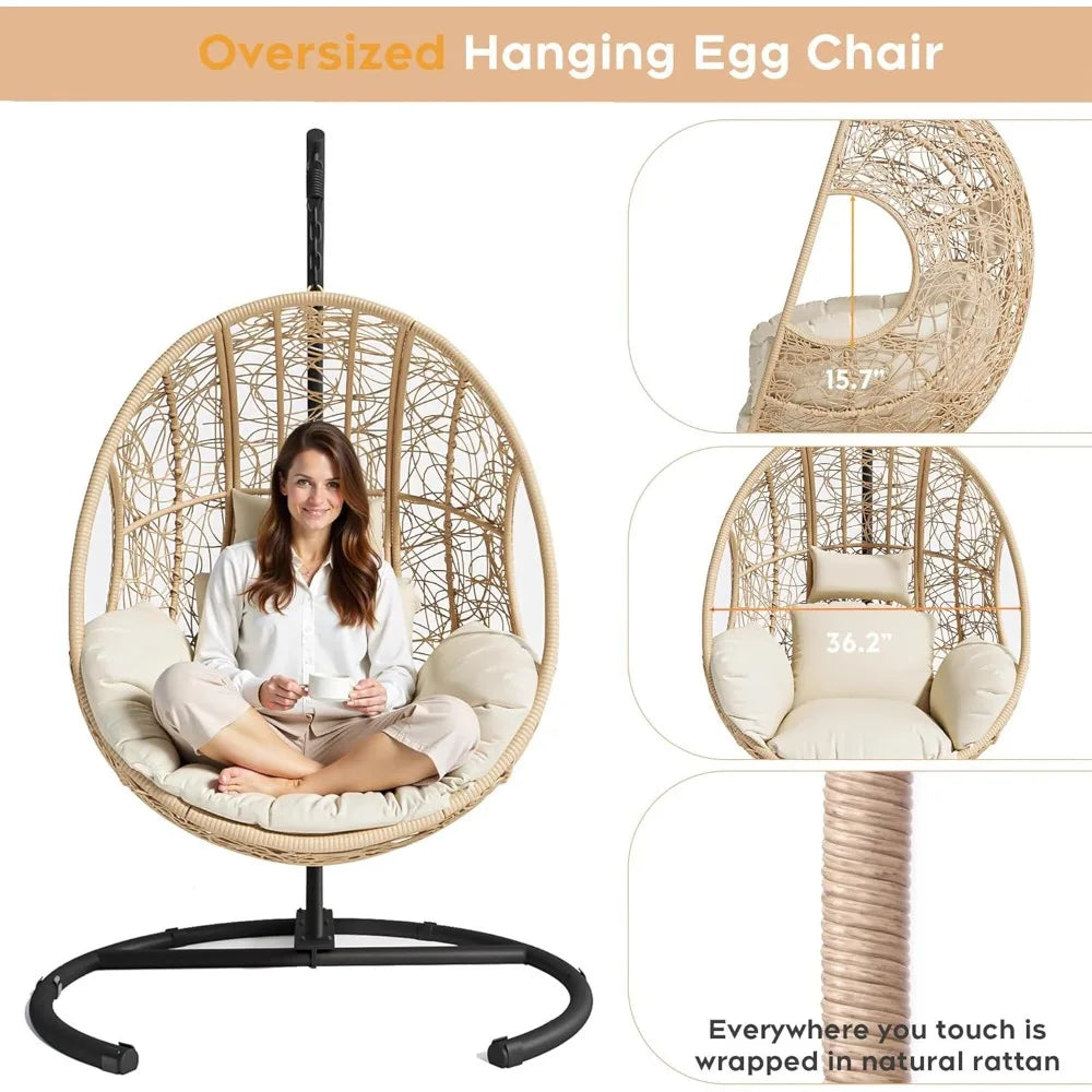 Hanging Egg Chair with Stand, Outdoor Swing Egg Chair with Rain Cover, 400 LBS Capacity All-Weather PE Wicker Swing Chair