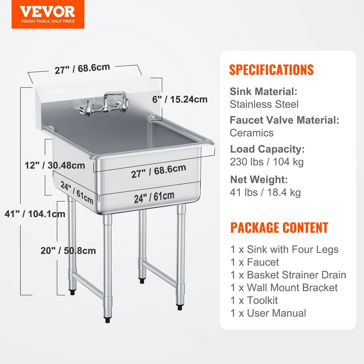 SucceBuy Stainless Steel Kitchen Prep & Utility Sink 1 Compartment Restaurant Commercial Steel Sink w/Faucet for Restaurant Home