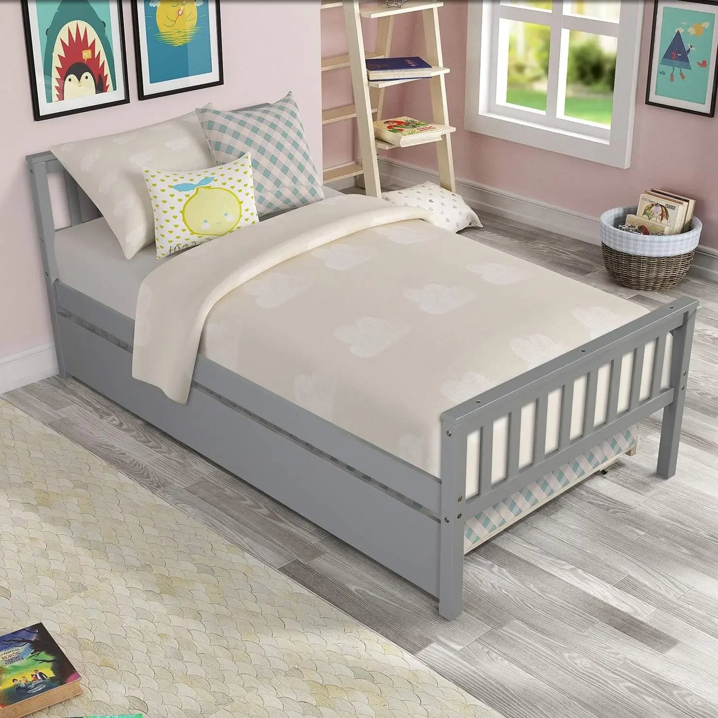 Solid Wood Bed Frame with Headboard, Footboard for Teens Boys Girls,No Box Spring Needed (Grey)