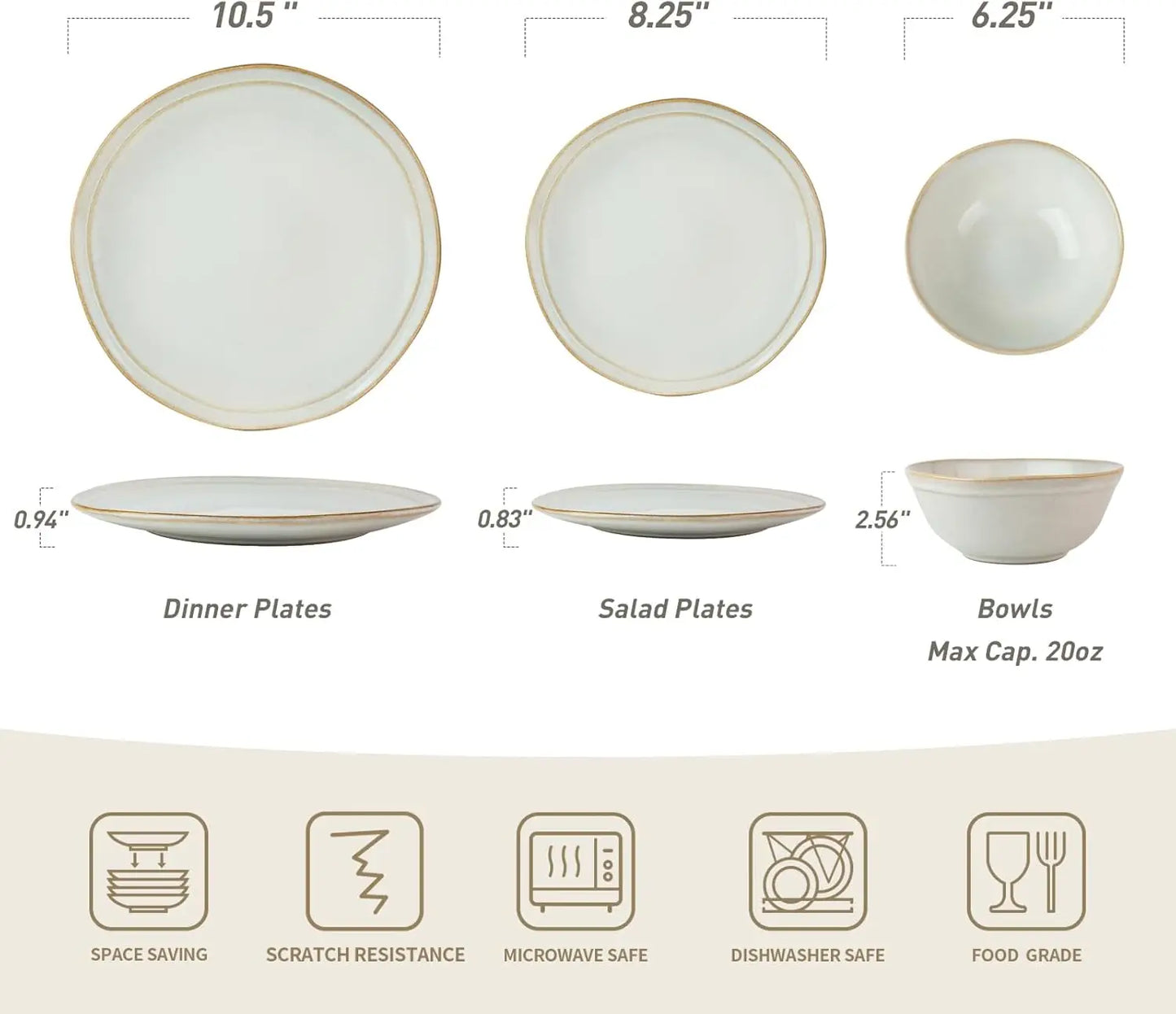 Aegean Stoneware Dinnerware Set for 8, Plates and Bowls Sets, 24 Pieces Scratch Resistant Dinner Set, Handmade Irregular Round D