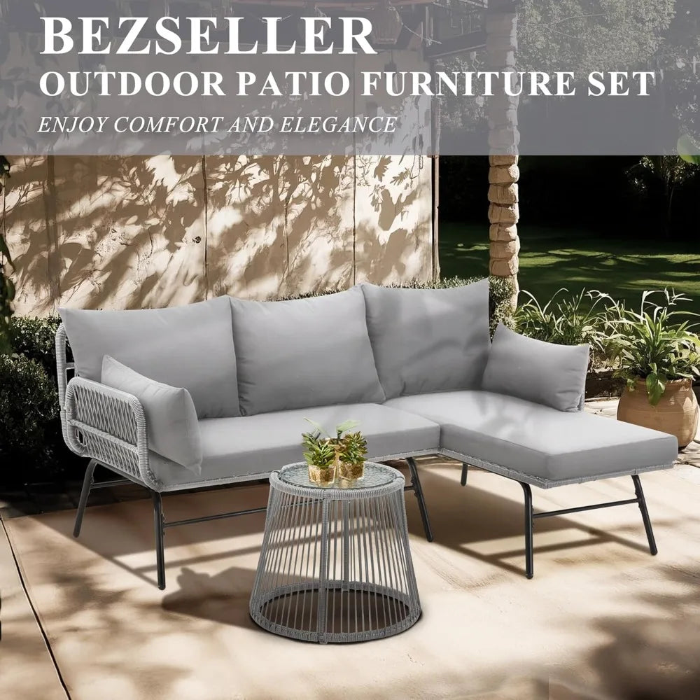 3-Piece Outdoor Patio Furniture Set, L-Shaped Rattan Sectional Sofa with Thick Cushions, Glass Coffee Table