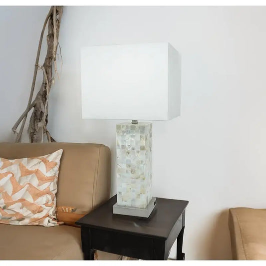 Modern Chrome-Finished Base Mosaic Pattern Table Lamp Set with Soft Diffused Light and White Shade - 2 Piece