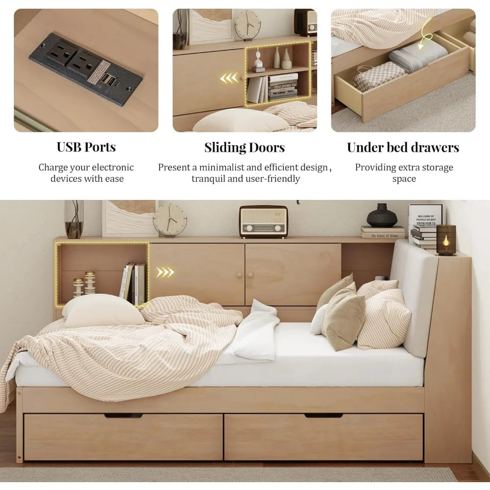 Full Daybed with Storage Bookcase,Upholstered Headboard and Charging Station,Solid Wood Full Captain Bed with Storage Drawers C