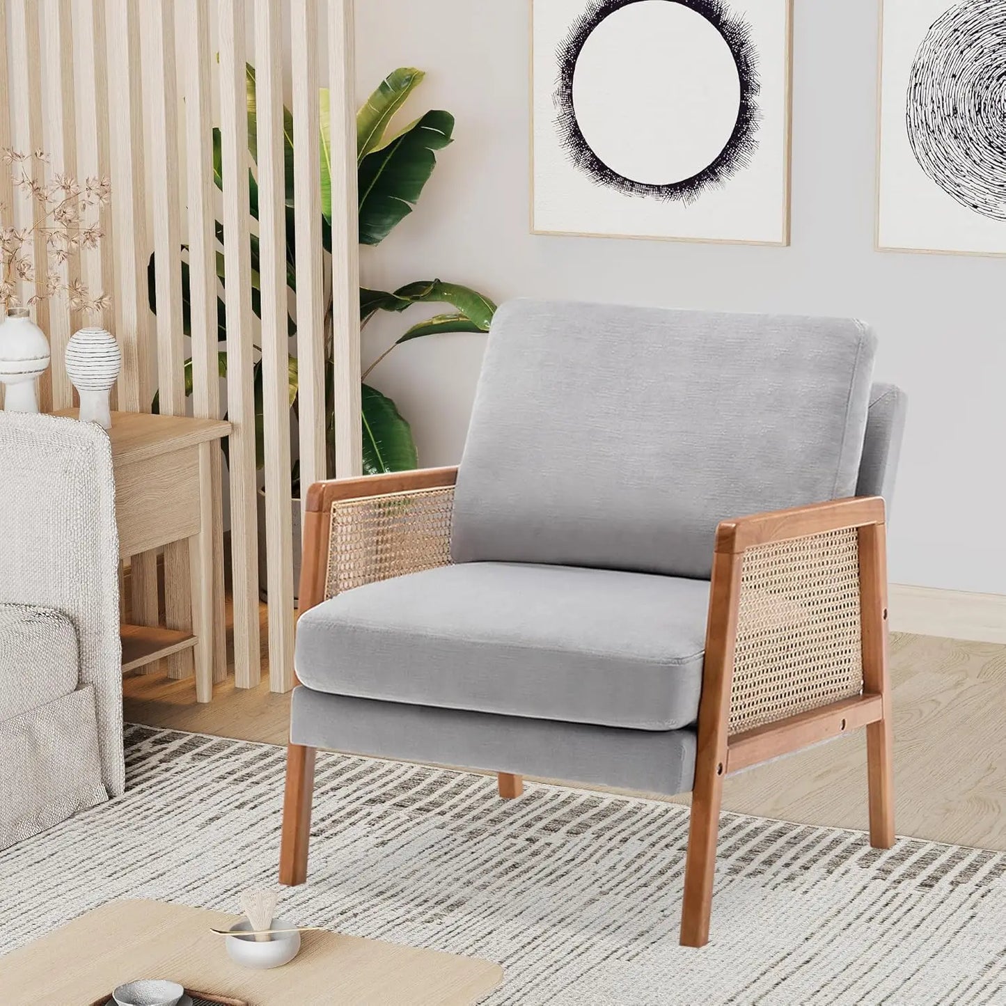 Brown Accent Chair Set of 2 Upholstered Living Room Chairs Natural Rattan Armchair, Modern Faux Leather Slipper