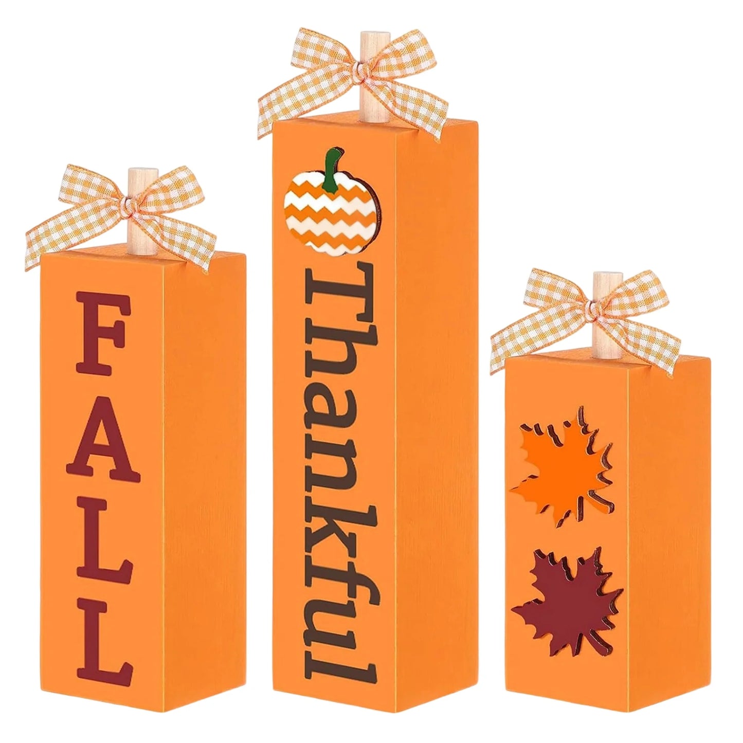 Rustic Autumn Tabletop Decor Set with Wooden Standing Blocks and Letter Print Signs for Tiered Trays 3 Pieces