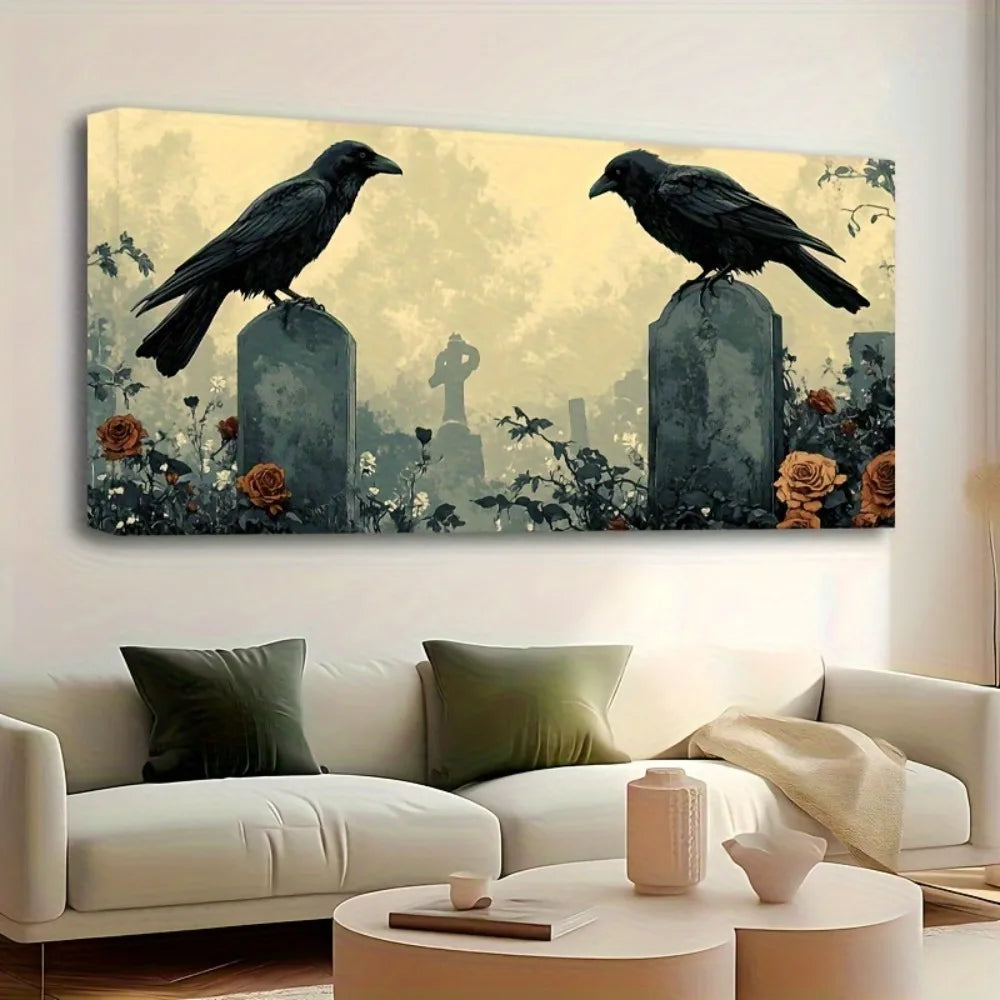 Halloween Crow and Floral Tombstone Canvas Wall Art