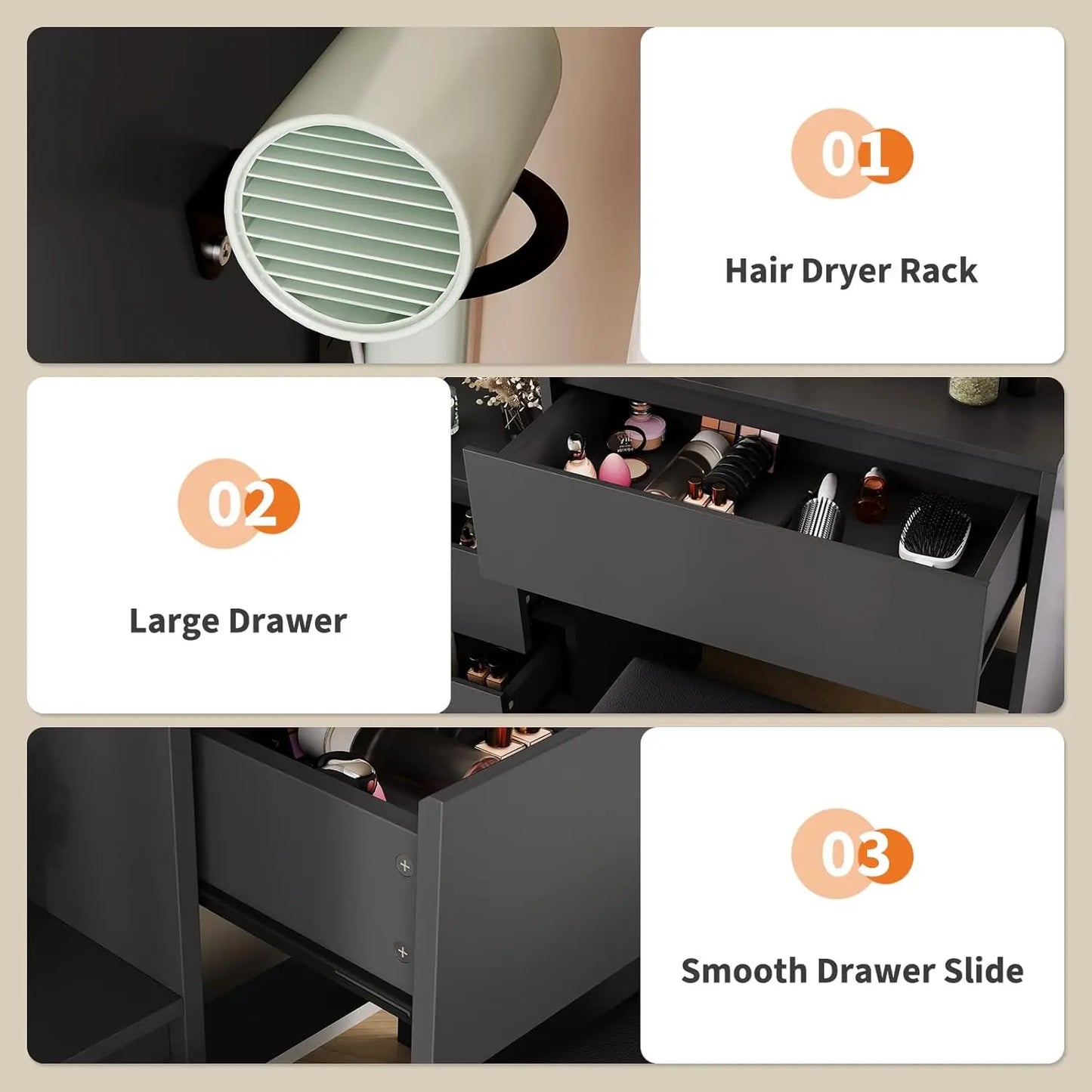 Vanity Desk with Mirror and Lights, Makeup Vanity with Adjustable Lights, Power Outlet & Storage Dressing Table with Mirror
