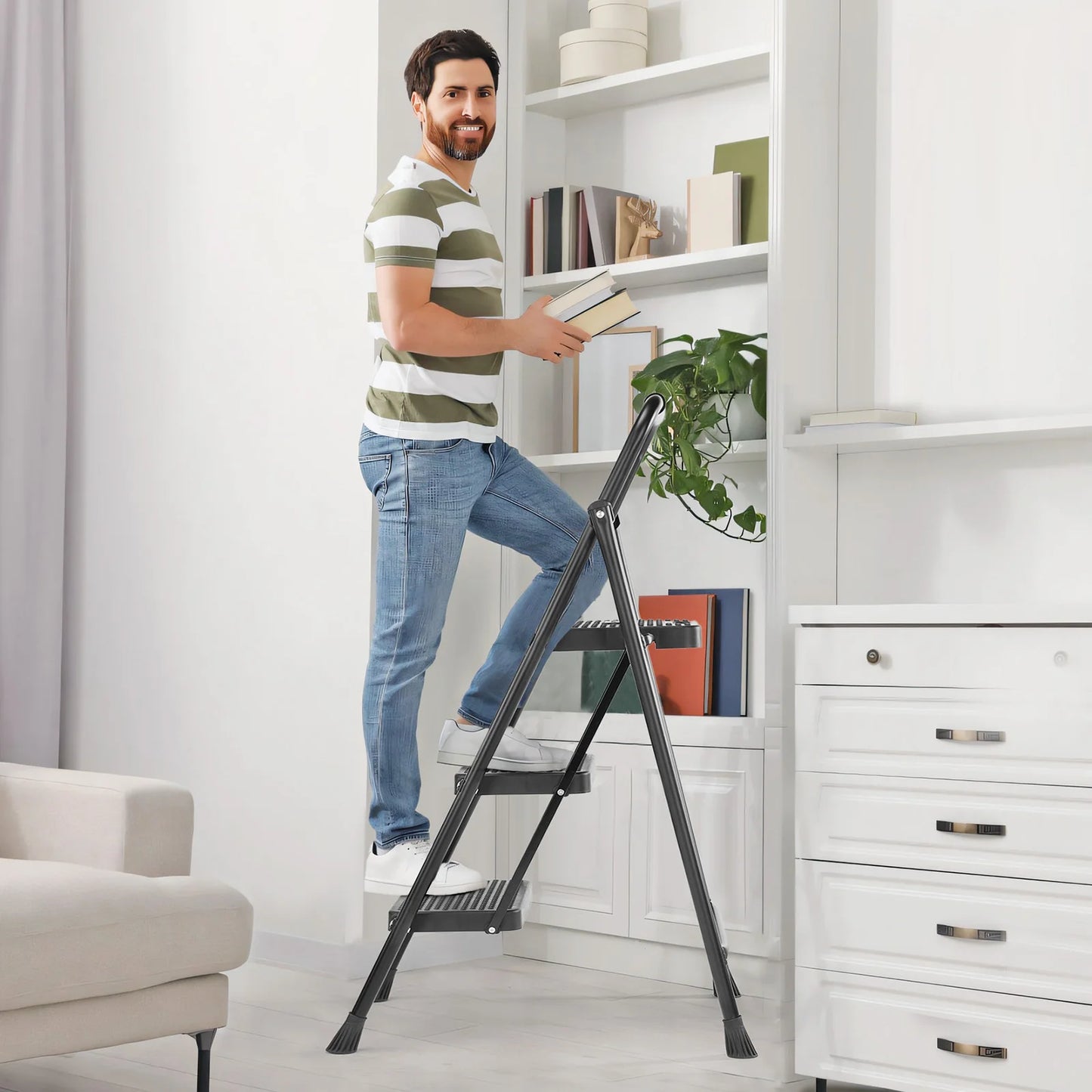 JHK Folding 2 3 Step Ladder Anti Slip Pedal 800 Lb Capacity
