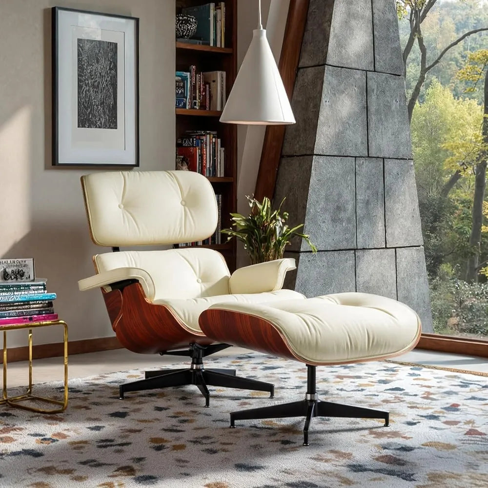 Chaise Lounge Chair with Ottoman Genuine Leather High-Resilience Foam Cushions Mid Century Modern Ergonomic Design