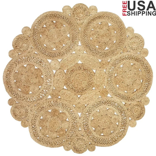 Natural Braided Jute Round Area Rug Handmade Indoor Carpet Soft Bohemian Geometric Design Home Decor Dining Room Bedroom Living