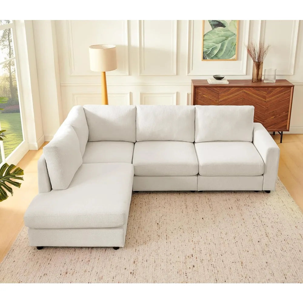 100" L Shaped Sectional Couch with Chaise, Modern Beige Sectional Couches for Living Room, Comfy Chenille 4-Seater Corner Sofa