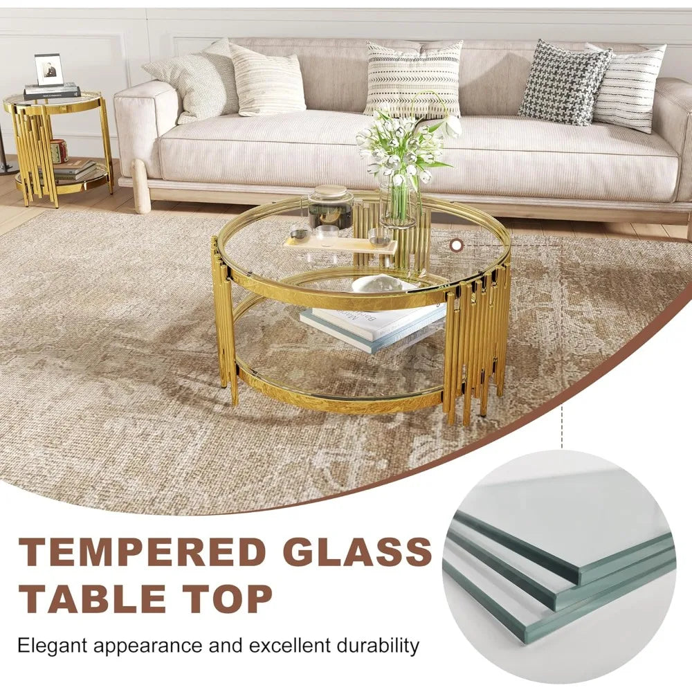 3 Piece Living Room Table Set with 1 Glass Coffee Table and 2 End Tables, 2 Tier Glass Coffee Table Set of 3 with Round Stainles