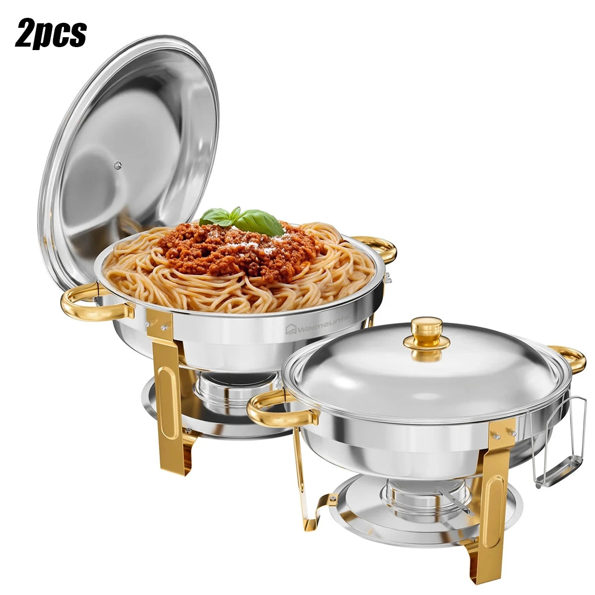 5QT 2/4 Pack Gold Round Chafing Dish Food Warmer Set with Stainless Steel Lid Fuel Can Home Party Hotel Buffet Gas Fuel Food Pan